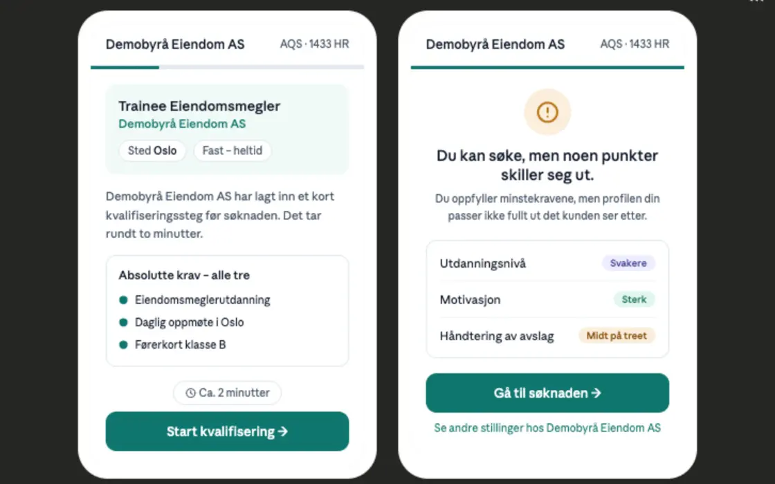 To skjermbilder av AQS: kvalifiseringssteget med absolutte krav, og resultatskjermen med ærlig tilbakemelding til kandidaten.
