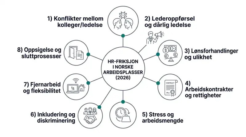 Diagram som viser de åtte høysignaltemaene rundt et felles midtpunkt: friksjon i norsk arbeidsliv