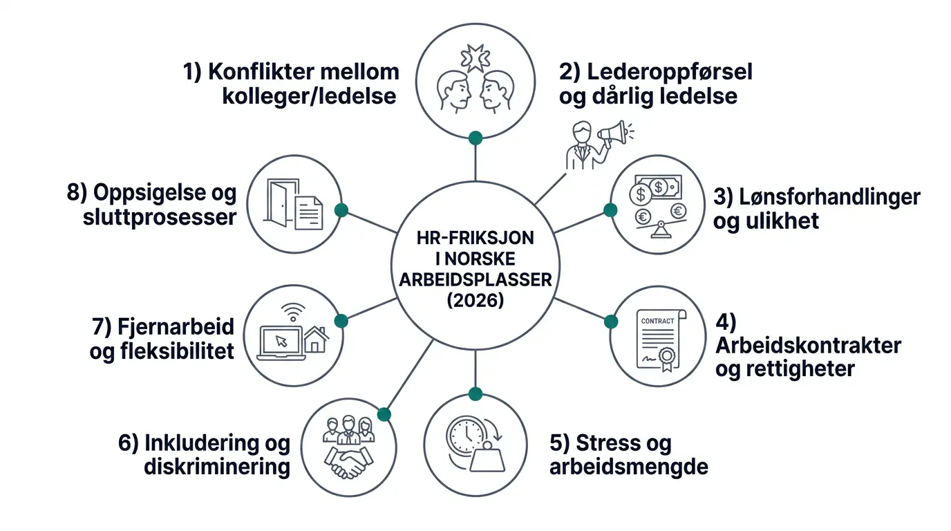 Diagram som viser de åtte høysignaltemaene rundt et felles midtpunkt: friksjon i norsk arbeidsliv